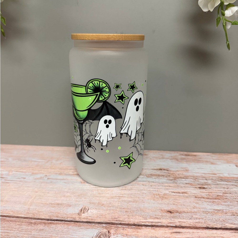 Frosted Glass Jar with Bamboo Lid - Green Ghost Design